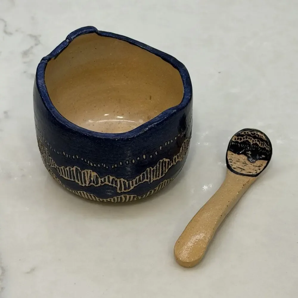 Sylvia Lawson NC Pottery Blue Sgrafitto Salt Cellar w Spoon Jar Pilot Mountain